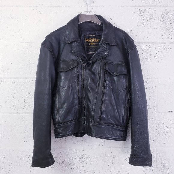 Unik Ultra Black Leather Motorcycle Biker Jacket  Insulated Size Large - Picture 1 of 13